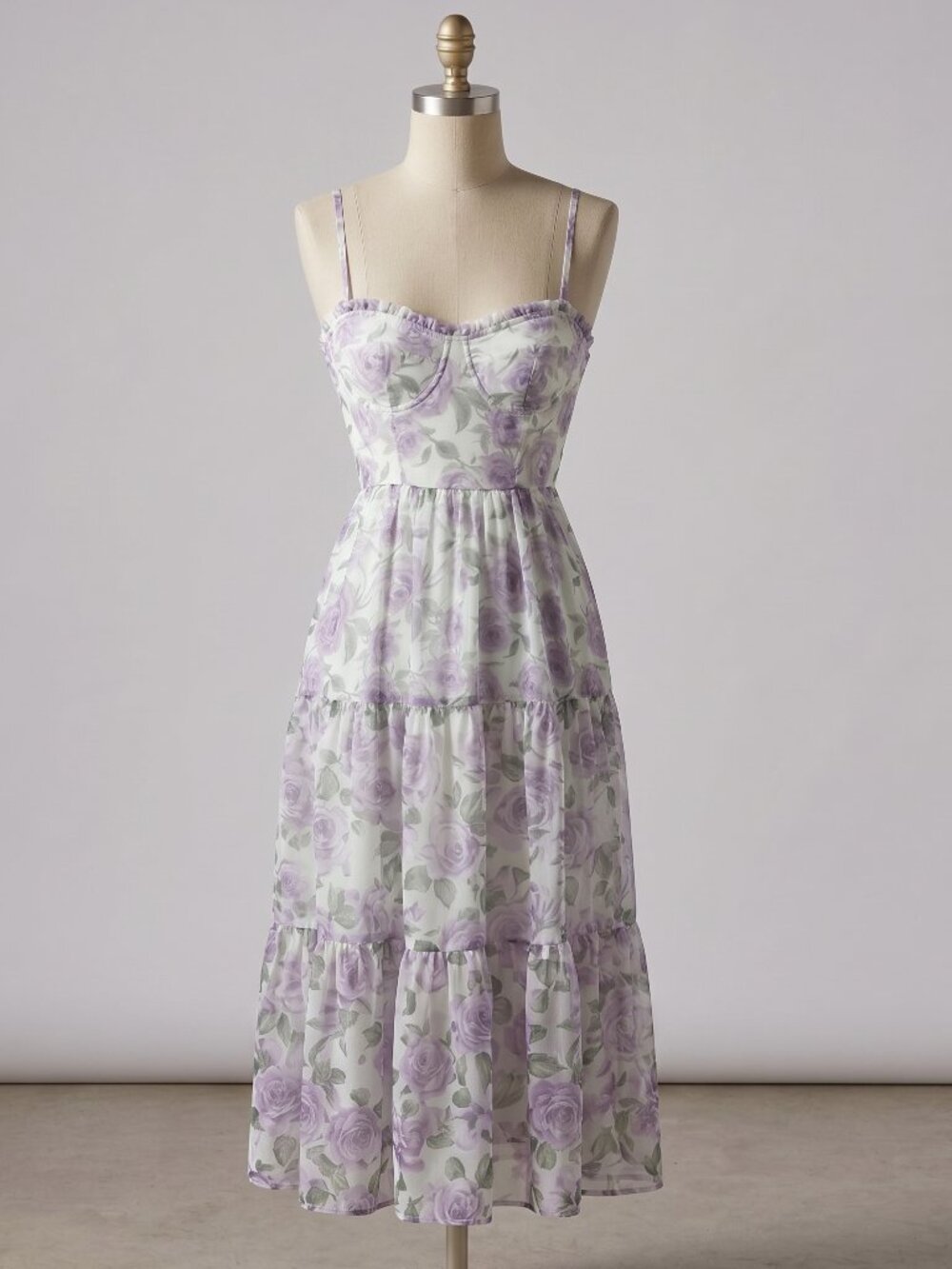 👗 Ethereal Purple Rose Floral Midi Dress 👗 with removal straps Size Small